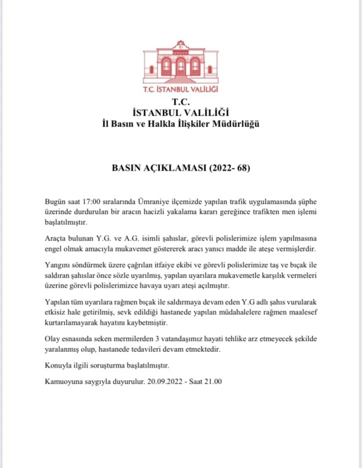 İstanbul Valiliğinden Ümraniye’de aracını ateşe verip bıçakla saldıran şahısla ilgili açıklama
