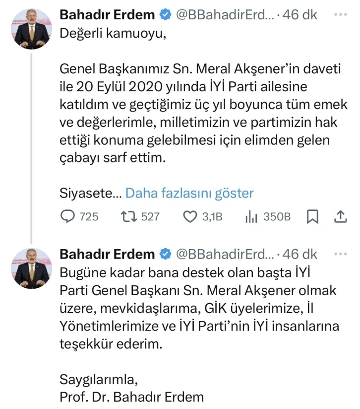 İYİ Partili Bahadır Erdem partisinden istifa etti
