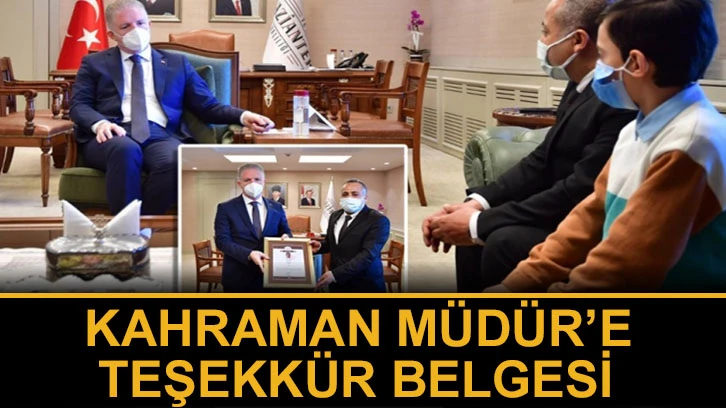 Kahraman Müdür’e teşekkür belgesi