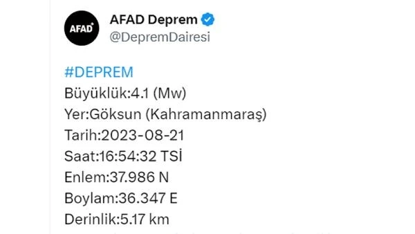 Kahramanmaraş’ta 4.1 büyüklüğünde deprem