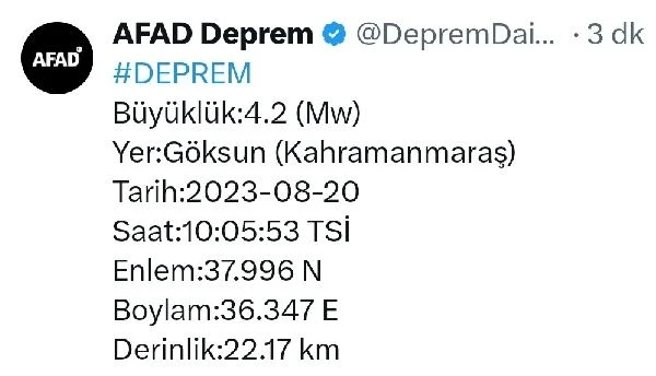 Kahramanmaraş'ta 4.2 büyüklüğünde deprem