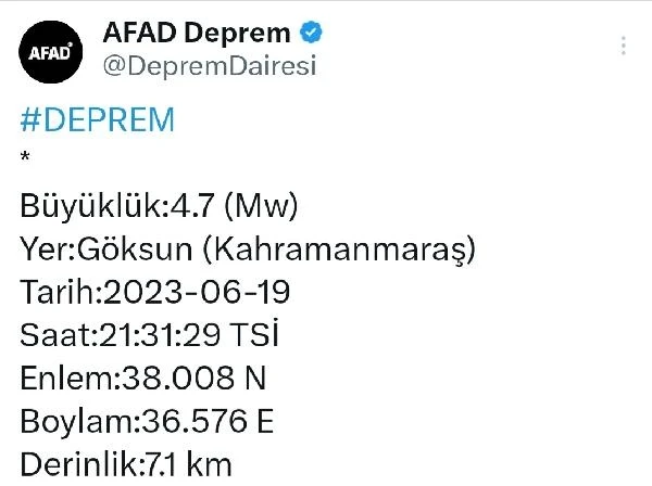 Kahramanmaraş'ta 4.7 büyüklüğünde deprem