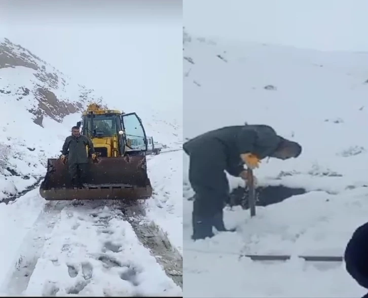 Karlı yolları aşan belediye ekibi su depolarını kontrol etti
