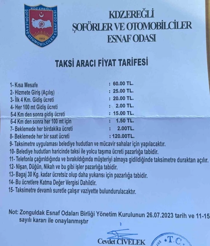 Kdz.Ereğli’de taksi ücretlerine zam geldi
