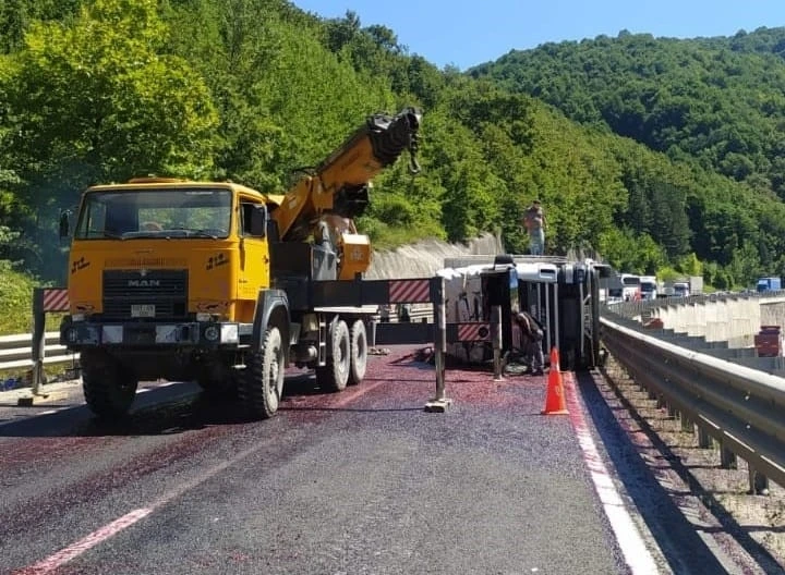 Kiraz yüklü kamyon devrildi, tonlarca meyve yola saçıldı
