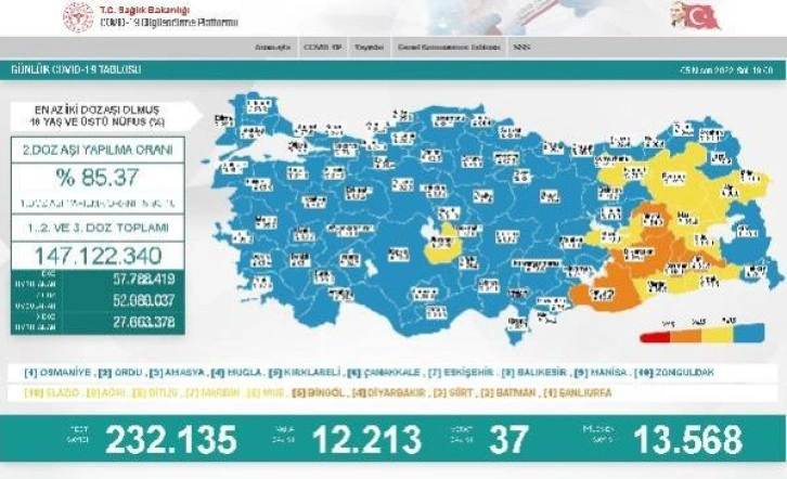 Koronavirüs salgınında günlük vaka sayısı 12 bin 213 oldu