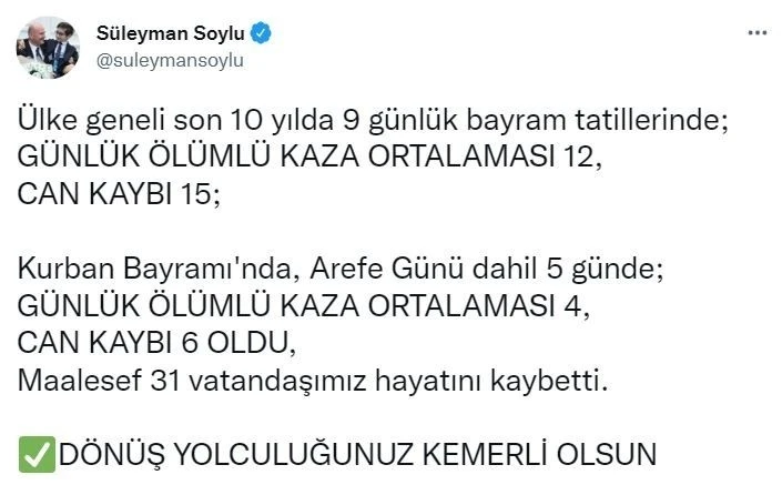 Kurban Bayramı’nda trafik kazalarında 31 kişi hayatını kaybetti
