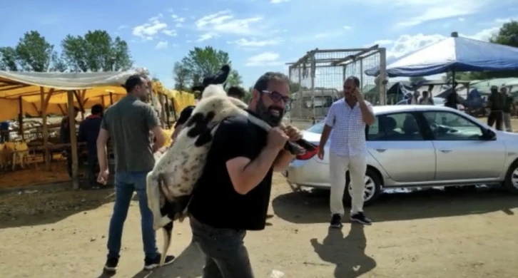 Kurbanlık koyunu çocuğu gibi sırtında taşıdı
