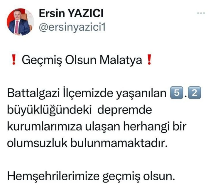 Malatya Valisi Yazıcı: “Depremde herhangi bir olumsuzluk yok”
