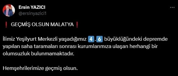 Malatya Valisi Yazıcı: "Herhangi bir olumsuzluk bulunmamaktadır"
