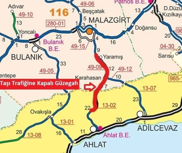 Malazgirt-Ahlat Karayolu geçici olarak ulaşıma kapatıldı
