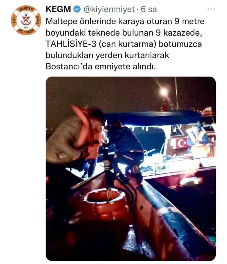 Maltepe’de karaya oturan teknedeki 9 kişi kurtarıldı
