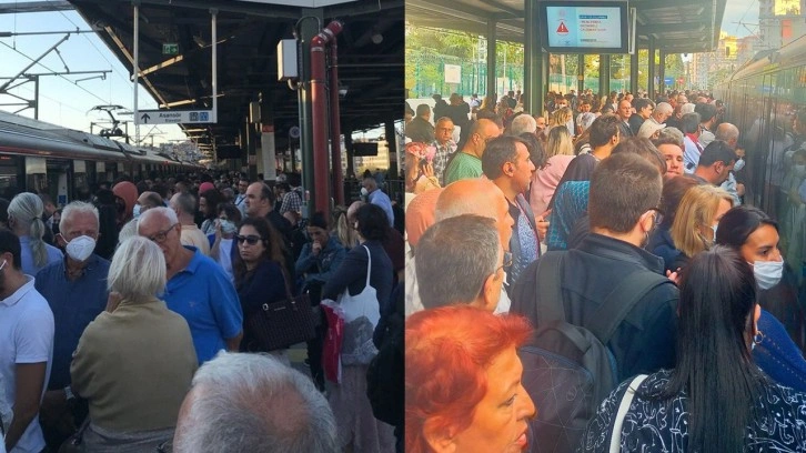 Marmaray seferleri durdu. Marmaray'da vagonlar tıklım tıklım doldu