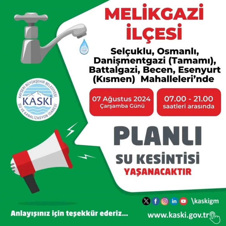 Melikgazi’deki 6 mahallede su kesintisi yaşanacak
