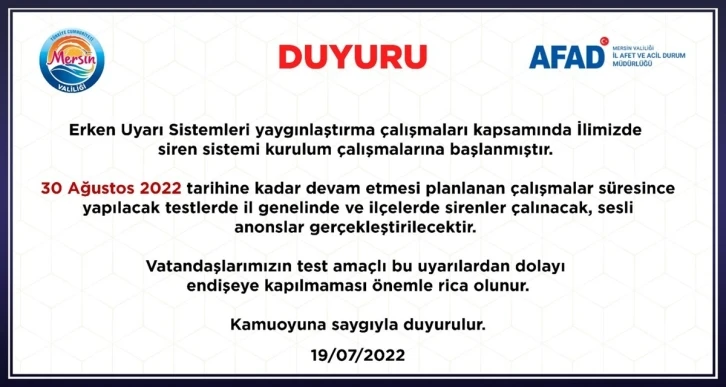 Mersin’de ikaz alarm ve siren testleri yapılacak
