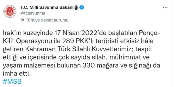 MSB duyurdu: Pençe-Kilit Operasyonunda bugüne kadar 289 terörist etkisiz hale getirildi
