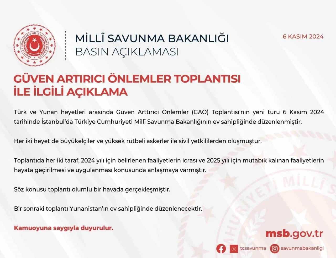 MSB: "Yunanistan ile Güven Artırıcı Önlemler Toplantısı olumlu bir havada gerçekleşmiştir"
