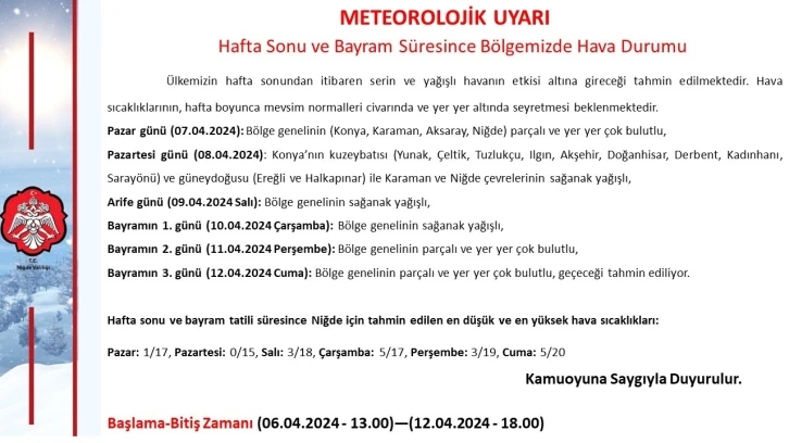 Niğde’de bayramda hava serin olacak
