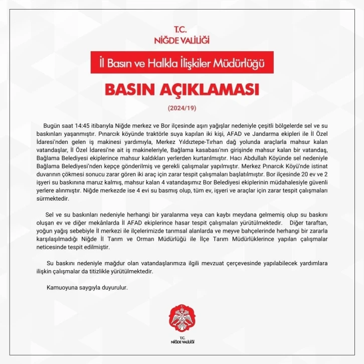 Niğde Valiliğinden "sel" açıklaması
