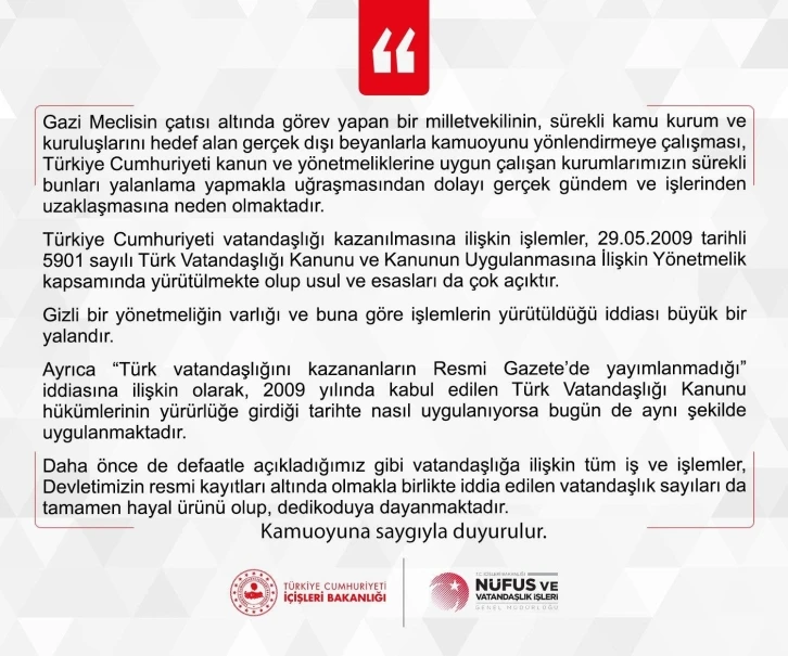 Nüfus Vatandaşlık İşleri Genel Müdürlüğü: “Tüm iş ve işlemler kayıt altındadır”
