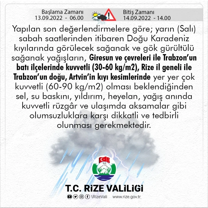 Rize Valiliğinden sel uyarısı
