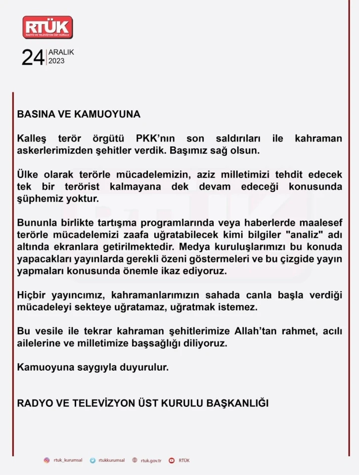 RTÜK Başkanı Şahin: “Hiçbir yayıncımız, kahramanlarımızın sahada canla başla verdiği mücadeleyi sekteye uğratamaz”
