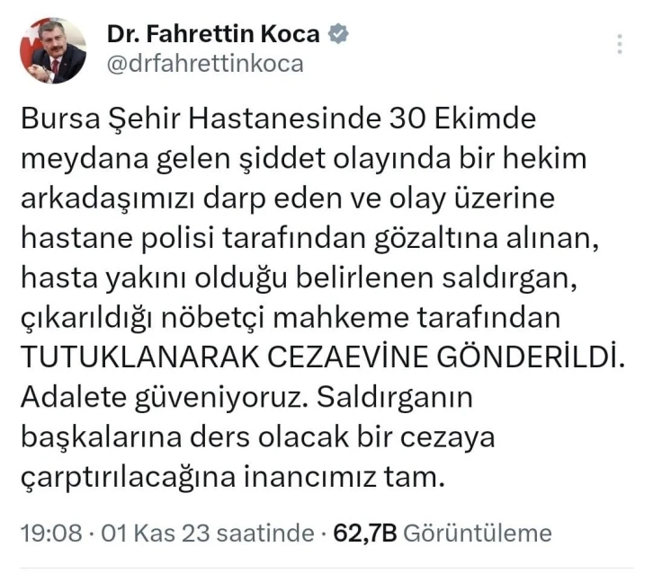 Sağlık Bakanı Koca: "Bursa’da hekimi darbeden kişi tutuklandı"
