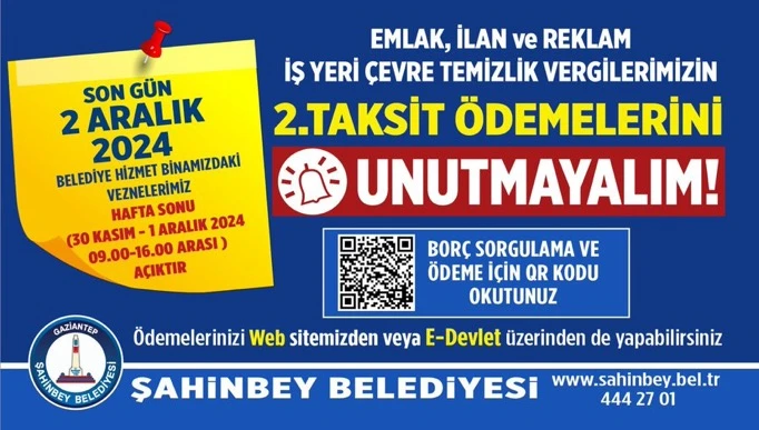 Şahinbey Belediyesi’nden Vergi Ödemeleri İçin Son Hatırlatma!