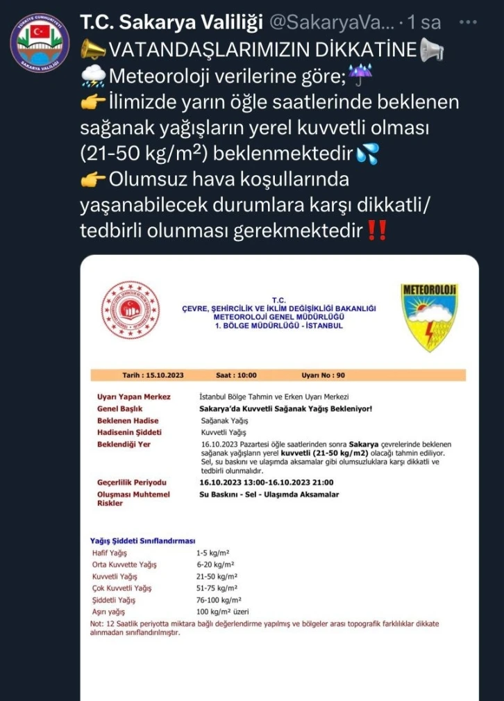 Sakarya’da kuvvetli sağanak uyarısı
