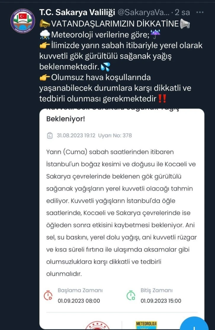 Sakarya’da sağanak uyarısı
