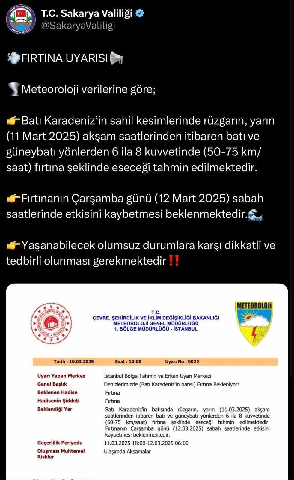 Sakarya’nın sahil kesimleri için fırtına uyarısı
