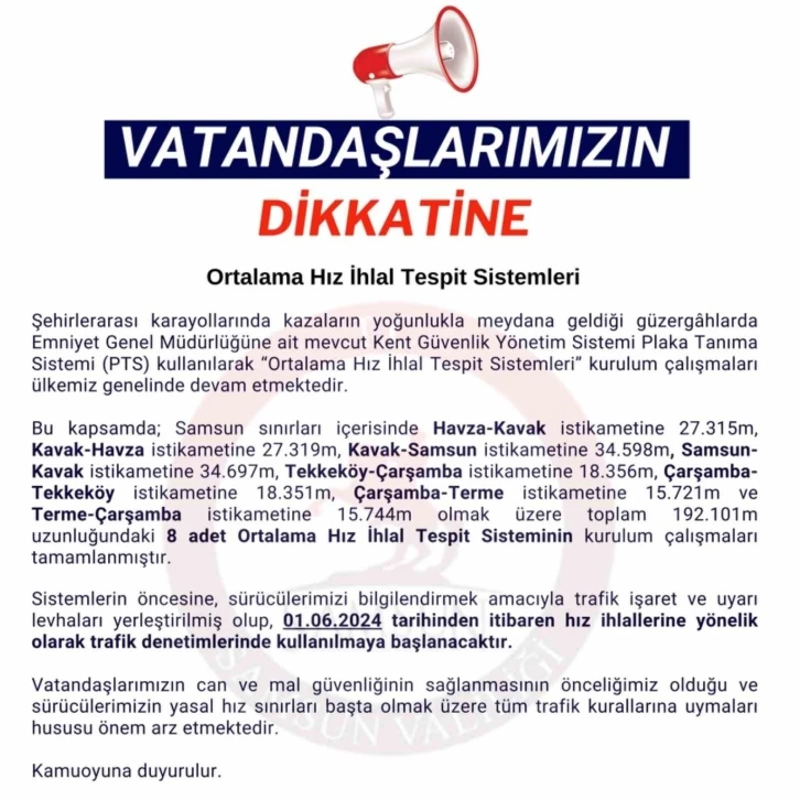 Samsun’da Ortalama Hız İhlal Tespit Sistemi 1 Haziran’dan itibaren devrede
