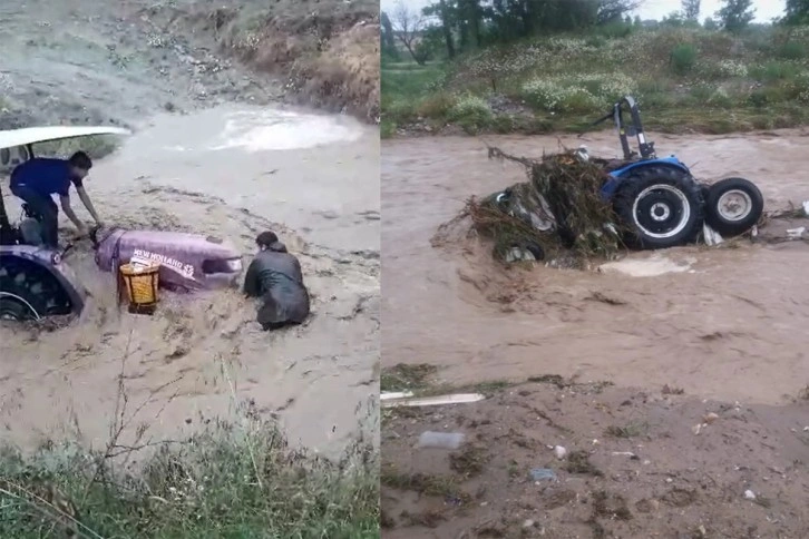 Sele kapılan traktörü kurtarmak isterken az daha canından oluyordu