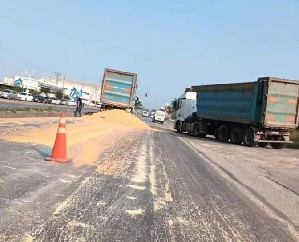 Seyir halindeki kamyonun kapağı açıldı, yüklü buğday yola döküldü