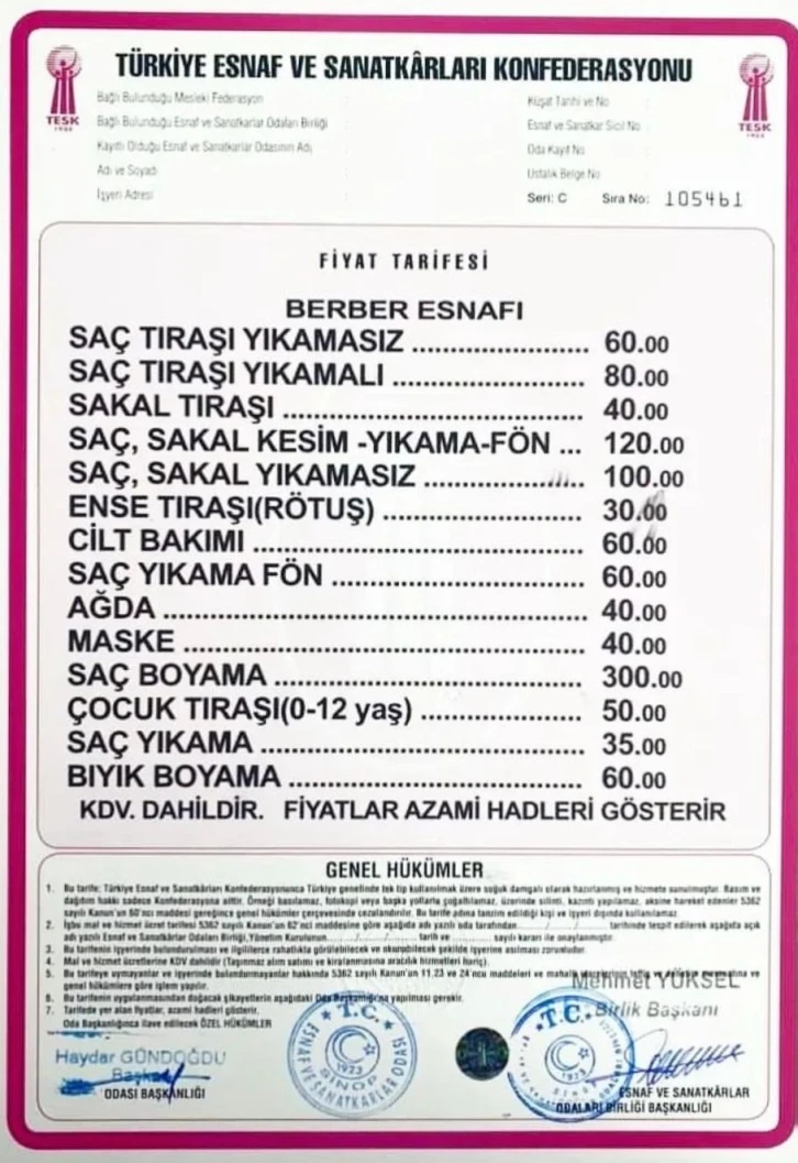 Sinop’ta berber tarifesi yenilendi: Saç-sakal 100-120 TL
