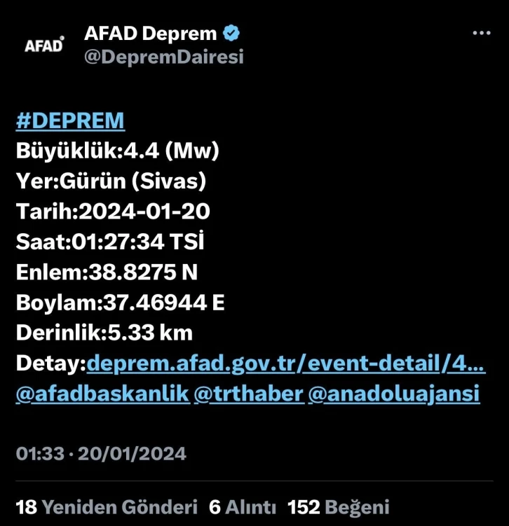 Sivas’ta 4.4 büyüklüğünde deprem
