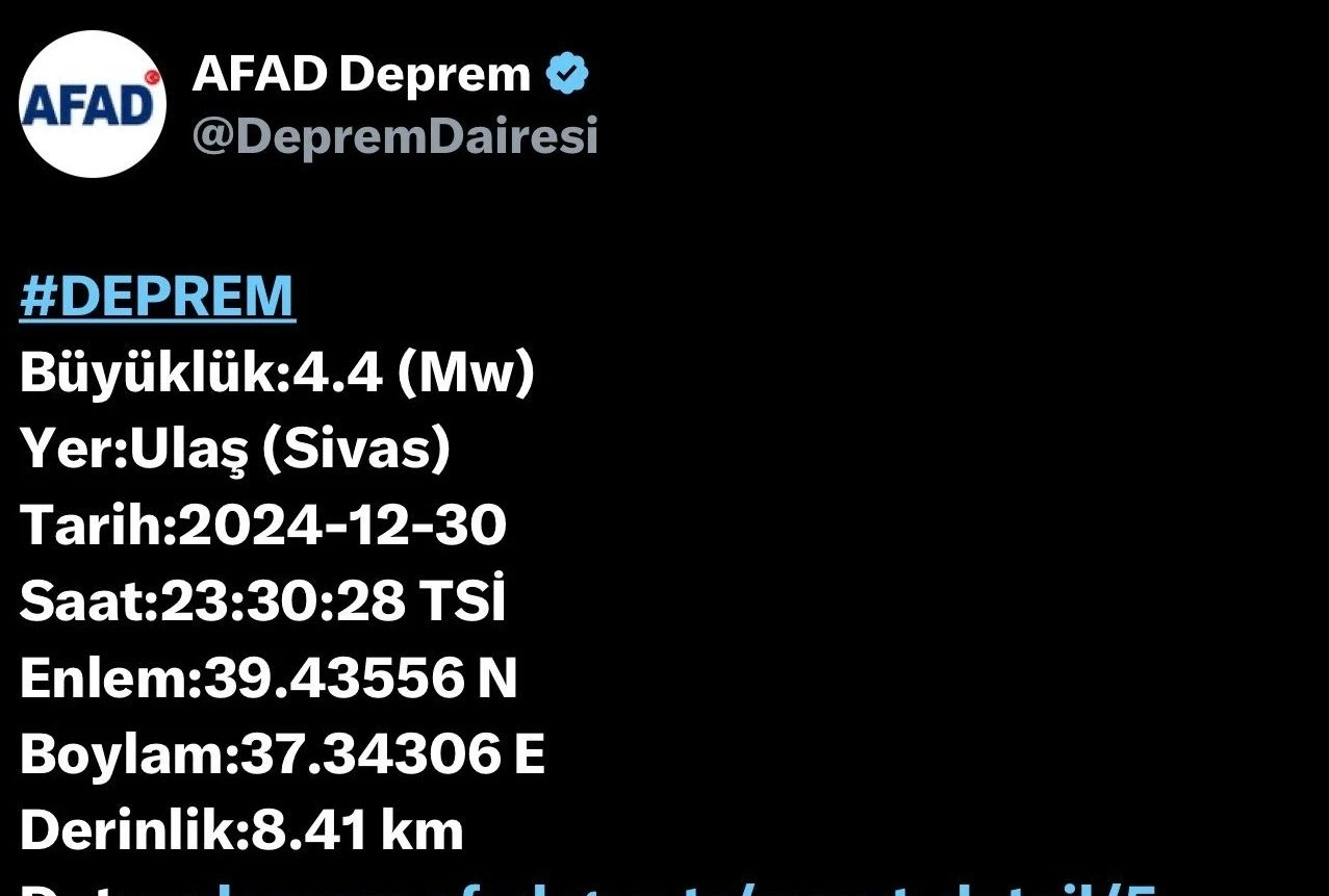 Sivas Ulaş’ta 4,4 büyüklüğünde deprem: Hasar tespit edilmedi
