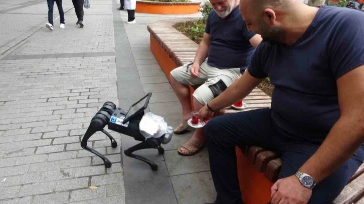 Sokakta gezen robot köpeğe vatandaştan simit-çay ikramı
