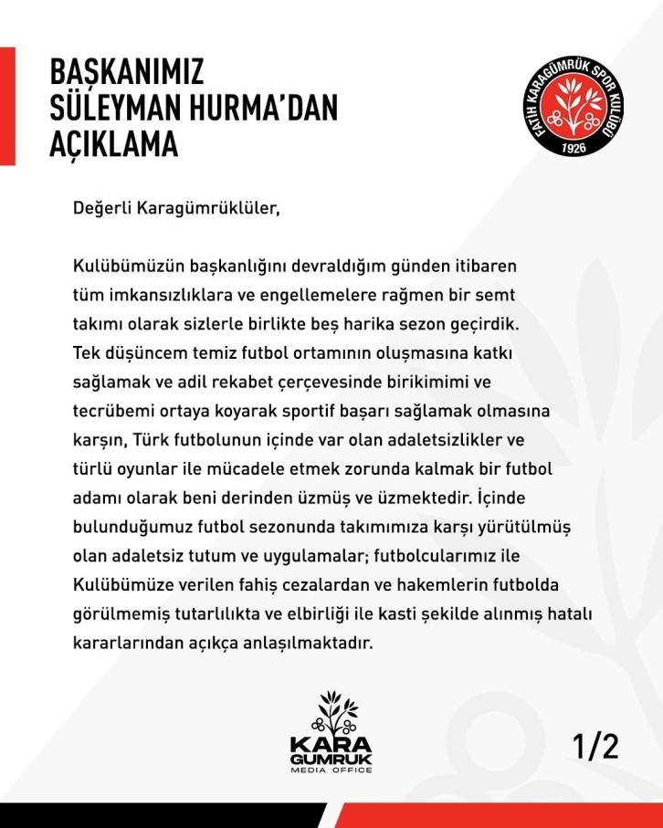 Süleyman Hurma: "Karagümrük’ün daha da güçlenerek Süper Lig’e döneceğinden kimsenin şüphesi olmasın"

