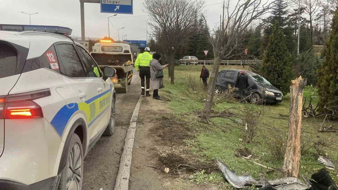 Takla atan otomobil ağaçları devrildi
