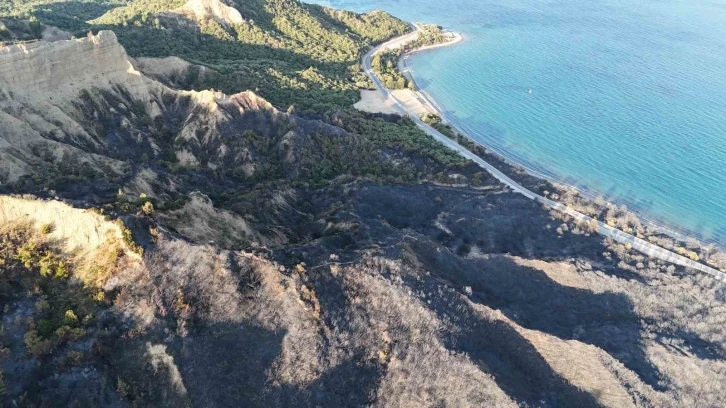 Tarihi Gelibolu Yarımadası’ndaki yangında alevlerden etkilenen Anzak Koyu dron ile görüntülendi
