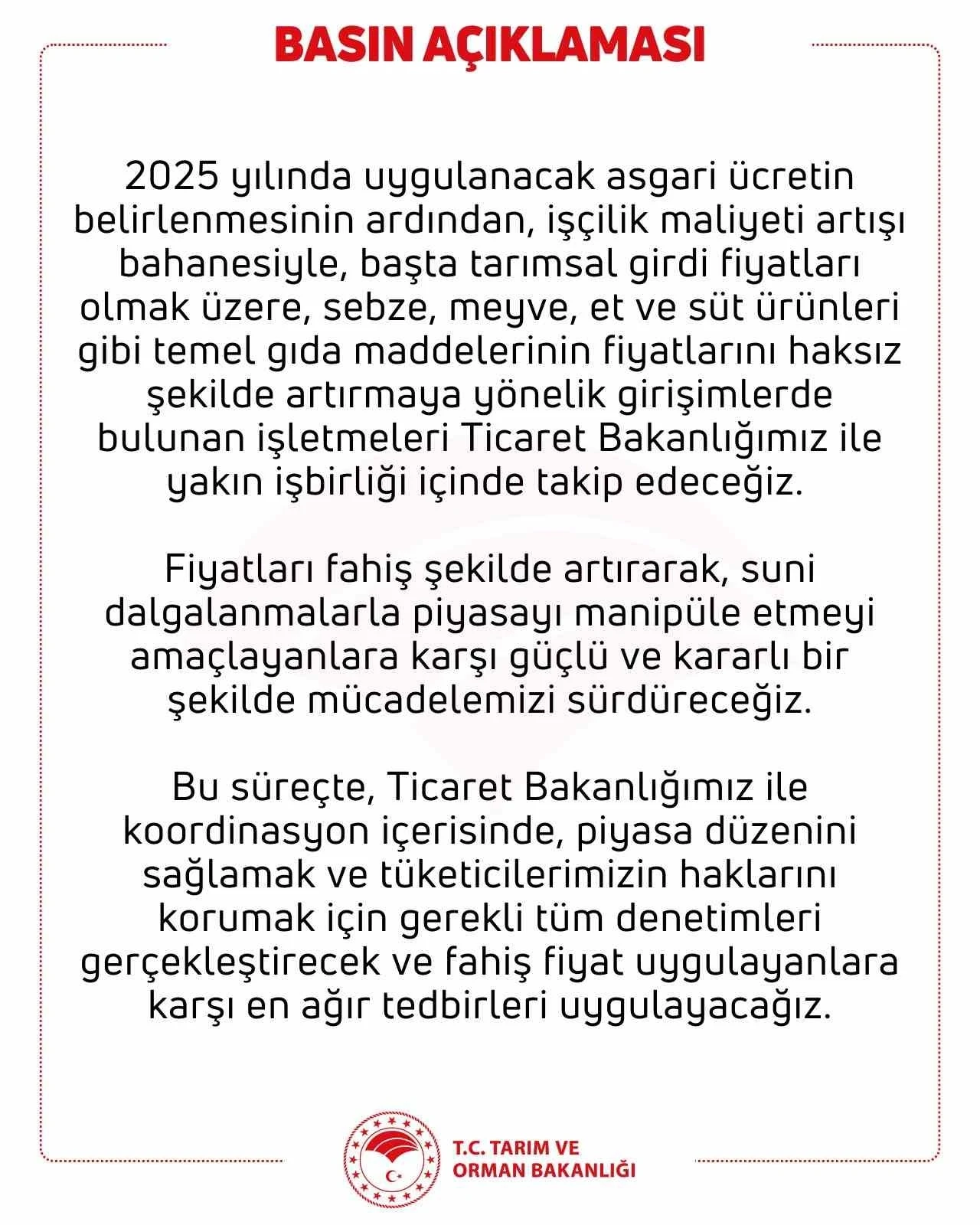 Tarım ve Orman Bakanlığı: &quot;Suni dalgalanmalarla piyasayı manipüle etmeyi amaçlayanlara karşı mücadelemizi sürdüreceğiz&quot;
