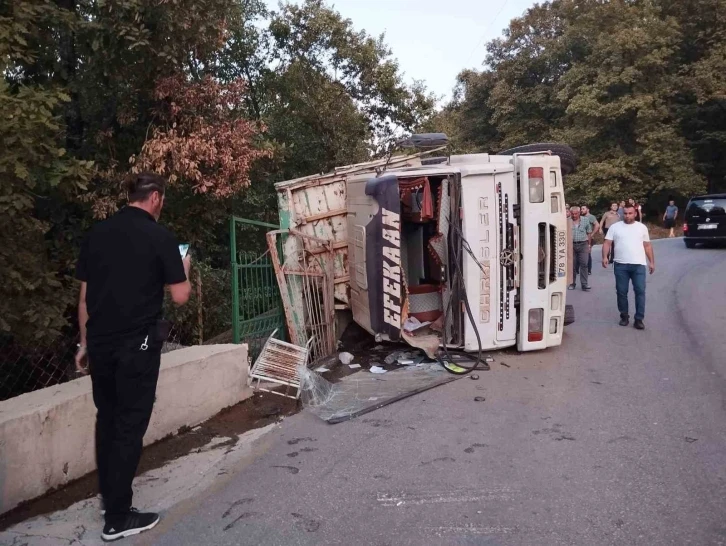 Tomruk yüklü kamyon devrildi, sürücü yaralandı
