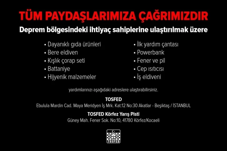 TOSFED, depremzedeler için yardım çağrısında bulundu
