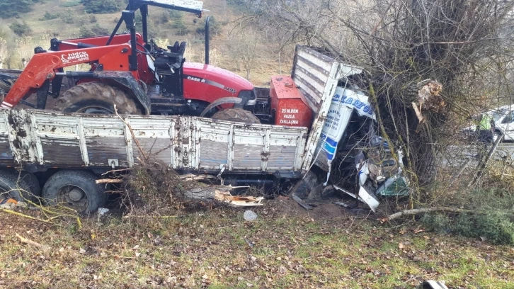 Traktör yüklü kamyon ağaca çarptı: 2 yaralı
