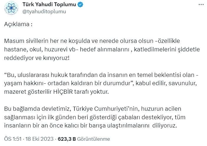 Türk Yahudi Toplumu İsrail’in hastaneye saldırısını kınadı
