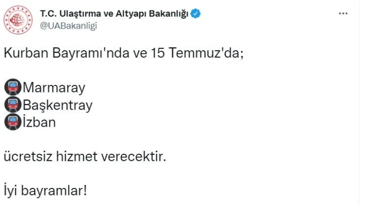 Ulaştırma ve Altyapı Bakanlığı Duyurdu: Ankara, İzmir ve İstanbul’daki raylı ulaşım sistemleri bayramda ve 15 Temmuz’da ücretsiz
