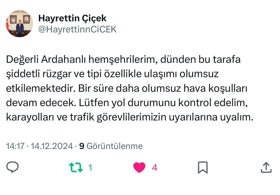 Vali Çiçek’ten sürücülere kar ve tipi uyarısı
