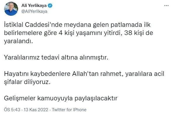 Vali Yerlikaya: "(Taksim’de patlama) 4 kişi yaşamını yitirdi, 38 kişi yaralandı"
