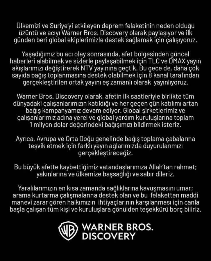 Warner Bros’tan depremzedelere 1 milyon dolarlık yardım
